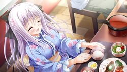  3-nin_iru! blush chair closed_eyes female food game_cg japanese_clothes kimono long_hair mibuno_suzume open_mouth purple_hair sitting suzui_narumi 