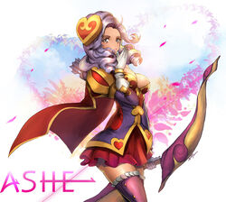  alternate_costume alternate_hairstyle arrow_(projectile) ashe_(league_of_legends) bow_(weapon) breasts cape character_name commentary curly_hair female gloves grey_eyes grey_hair heartseeker_ashe holding holding_weapon large_breasts league_of_legends long_hair long_sleeves nal_(nal&#039;s_pudding) photoshop_(medium) red_skirt skirt solo weapon white_gloves 