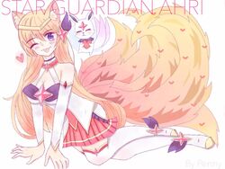  ahri blush breasts cleavage female fox_ears fox_tail heart league_of_legends long_hair magical_girl peach_hair purple_eyes serafuku skirt star_guardian_ahri thigh_boots thighhighs tiara wink 