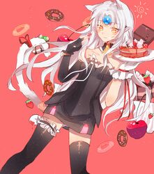  animal_ears bad_id bad_pixiv_id cake cat_ears cherry code:_nemesis_(elsword) doughnut dress elsword eve_(elsword) female food forehead_jewel fruit gloves inkfish long_hair pointy_ears red_background skirt solo strawberry tail thighhighs white_hair yellow_eyes 