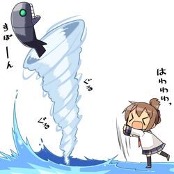  &gt;_&lt; abyssal_ship brown_hair closed_eyes commentary_request female folded_ponytail green_eyes i-class_destroyer inazuma_(kancolle) kanikama kantai_collection lowres monster open_mouth partially_translated pleated_skirt school_uniform serafuku skirt sound_effects_only standing standing_on_liquid translation_request waterspout wavy_mouth 