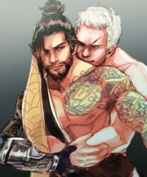  2boys beard facial_hair hanzo_(overwatch) male_focus msucle multiple_boys muscle overwatch scar silver_hair soldier:_76_(overwatch) tagme tattoo yaoi 