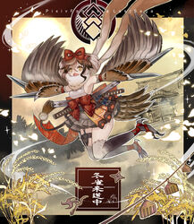  armpits belt bird_legs bird_tail bird_wings bow brown_hair commentary_request female hairbow harpy japanese_clothes kunai monster_girl multicolored_hair ninja pixiv_fantasia pixiv_fantasia_last_saga ren-co shuriken sleeveless sun tail two-tone_hair weapon white_hair winged_arms wings yellow_eyes 