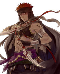  1boy abs akke artist_name bandages cape commentary_request dagger dark-skinned_male dark_skin fingerless_gloves fire_emblem fire_emblem:_the_blazing_blade fire_emblem_heroes gloves jaffar_(fire_emblem) knife male_focus midriff navel red_eyes red_hair simple_background solo tattoo teeth torn_clothes turban upper_body weapon white_background 