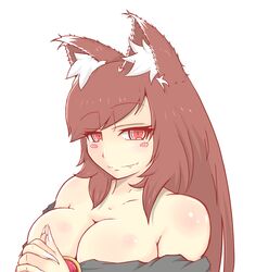  animal_ears bare_shoulders blush_stickers breasts brown_hair cleavage closed_mouth commentary_request cube85 female imaizumi_kagerou large_breasts long_hair looking_at_viewer oerba_yun_fang red_eyes simple_background smile solo touhou upper_body white_background wolf_ears 