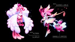  avian better_version_at_source black_background feathered_wings feathers fusion generation_3_pokemon generation_6_pokemon humanoid kirlia mega_altaria mega_audino mega_evolution nintendo pokemon pokemon_(species) simple_background slurpuff spritzee swablu syntheticimagination wings 