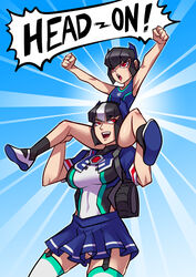  2girls absurdres autobot backpack bag black_hair breasts carrying clenched_hands commentary_request covered_navel dual_persona english_text fortress_maximus garter_straps genderswap_(mtf) hairband highres humanization large_breasts miniskirt multicolored_hair multiple_girls open_mouth photoshop_(medium) rule_63 ryuusei_(mark_ii) shoes shoulder_carry sidelocks skirt smile socks striped swimsuit thighhighs transformers transformers:_the_headmasters two-tone_hair white_hair 