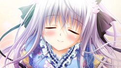  3-nin_iru! blush closed_eyes female game_cg long_hair mibuno_suzume purple_hair smile suzui_narumi 