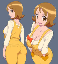  ass breasts brown_eyes brown_hair cleavage commentary_request female grey_background happinesscharge_precure! highres looking_at_viewer md5_mismatch medium_breasts oomori_yuuko overalls photoshop_(medium) precure red-p short_hair simple_background smile solo wide_hips yellow_overalls 