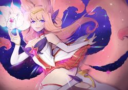  ahri alternate_costume alternate_hair_color breasts cleavage female fox_ears fox_tail league_of_legends long_hair magical_girl nail_polish peach_hair purple_eyes skirt star_guardian_ahri thigh_boots thighhighs tiara 