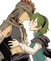  1boy blue_shirt blush brown_cape cape commentary_request couple eye_contact female fire_emblem fire_emblem:_the_blazing_blade green_eyes green_hair hairband jaffar_(fire_emblem) looking_at_another midriff nino_(fire_emblem) noshima open_mouth red_eyes red_hair shirt skirt straight white_skirt 