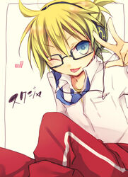  1boy blonde_hair blue_eyes commentary_request glasses kagamine_len kuroi_(liar-player) male_focus one_eye_closed project_diva_(series) project_diva_2nd school_jersey_(module) solo vocaloid 