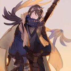  1boy brown_hair cape closed_eyes elta_(granblue_fantasy) granblue_fantasy head_tilt instrument male_focus nineo open_mouth scarf short_hair smile solo 