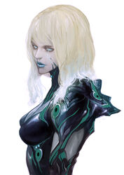  blonde_hair blue_eyes bodysuit breasts commentary female highres ikeda_masateru lipstick long_hair makeup medium_breasts no_headwear nyx_(warframe) photoshop_(medium) solo warframe 