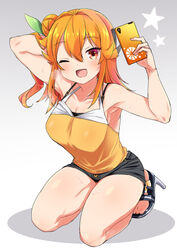  ;d arm_behind_head armpits arms_up bad_id bad_pixiv_id bare_arms bare_shoulders black_footwear black_shorts blush breasts breath brown_eyes buckle cellphone cleavage collarbone commentary female full_body gradient_background green_ribbons grey_background hair_between_eyes hair_bun hair_intakes hair_ribbon head_tilt high_heels hinatsuki_mikan holding holding_phone kneeling kounosu_satori large_breasts long_hair looking_at_viewer machikado_mazoku one_eye_closed open_mouth orange_hair orange_tank_top phone pocket ribbon shiny_skin short_shorts shorts single_hair_bun single_side_bun smartphone smile solo star_(symbol) sweat tank_top tsurime white_background 