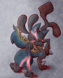  ambiguous_gender black_fur blue_fur fur mega_evolution mega_lucario nintendo partial_transformation pok&eacute;mon_(species) pokemon red_eyes video_games 