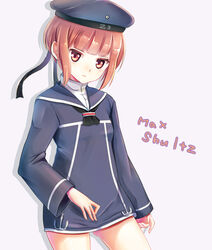  bad_id bad_pixiv_id brown_eyes brown_hair character_name clothes_writing commentary_request dress female hat kantai_collection maronie. sailor_collar sailor_dress sailor_hat short_hair solo z3_max_schultz_(kancolle) 