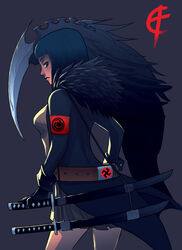  armband belt black_gloves blue_hair commentary cross_(guncross) dark_blue_hair english_commentary female fur_trim gloves gradient_background katana looking_back medium_hair monster original red_armband red_eyes samurai scabbard sheath signature skirt spine standing swastika sword weapon 