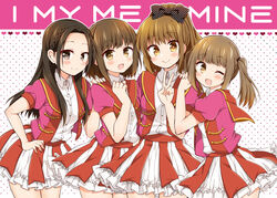  4girls :d ;d blush bow braid brown_eyes brown_hair commentary_request dress_shirt frilled_skirt frills group_name hairbow hand_on_another&#039;s_shoulder hand_on_own_hip hands_on_another&#039;s_shoulder heart himegoto idol kuwahara_yuuki lineup long_hair multiple_girls one_eye_closed ono_saki open_mouth polka_dot polka_dot_background polka_dot_bow puffy_short_sleeves puffy_sleeves real_life saotome_yuka shirt short_hair short_sleeves skirt smile toujou_hisako tsukudani_norio twintails uniform voice_actor 