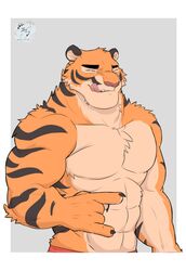  2018 abs anthro biceps chest_tuft claws closed_eyes clothing digital_media_(artwork) fangs felid fur hi_res jazcabungcal male mammal muscular muscular_anthro muscular_male pantherine pecs simple_background solo striped_body striped_fur stripes teeth tiger tongue tongue_out tuft 