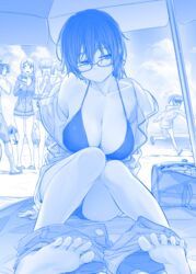  announcer-san_(tawawa) bare_legs barefoot beach beach_umbrella bikini blue blush breasts camera cameraman cheer-chan_(tawawa) cleavage collarbone commentary_request feet flip-flops flying_sweatdrops getsuyoubi_no_tawawa glasses hair_between_eyes half-closed_eyes halterneck himura_kiseki hood hoodie kakyou-san_(tawawa) knees_together_feet_apart large_breasts microphone monochrome multiple_girls off_shoulder outdoors pants_pull partial_commentary ponytail sandals short_hair short_shorts shorts sidelocks sitting smile soles standing sunglasses swimsuit toes umbrella 