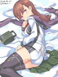  ass black_thighhighs blush brown_hair commentary_request cosplay female highres jpeg_artifacts kantai_collection kuroki_rei kuroki_rei_(cosplay) legs long_hair lying michairu national_shin_ooshima_school_uniform ooi_(kancolle) purple_eyes purple_scarf scarf school_uniform short_shorts shorts solo thighhighs translated vividred_operation white_shorts 