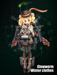  alternate_costume black_bow blonde_hair blue_eyes blush boots bow bowler_hat brown_coat brown_footwear buttons cannon capelet character_name closed_mouth coat commentary_request depth_charge emblem english_text eyebrows female full_body fur_trim glowworm_(warship_girls_r) green_background hair_between_eyes hat highres looking_at_viewer machinery mittens official_art orange_ribbon own_hands_together pantyhose photoshop_(medium) pocket propeller ribbon rigging scarf scrunchie sirills smile solo standing steam striped_clothes striped_pantyhose striped_scarf symbol-shaped_pupils torpedo turret twintails warship_girls_r 