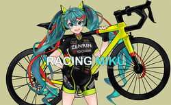  :d bad_id bad_pixiv_id beige_background bicycle bike_shorts black_gloves blush breasts character_name commentary contrapposto english_text female fingerless_gloves floatingapple gloves goodsmile_racing green_eyes green_hair hair_between_eyes hand_on_own_hip hatsune_miku headphones highres large_breasts looking_at_viewer multicolored_hair open_mouth photoshop_(medium) racing_miku racing_miku_(2016) red_hair smile solo standing streaked_hair twintails v-shaped_eyebrows vocaloid watermark 