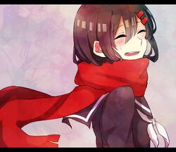  black_hair closed_eyes commentary_request enpera female hair_ornament hairclip kagerou_project letterboxed long_hair red_scarf ringomaru scarf school_uniform serafuku smile solo sweatdrop tateyama_ayano 