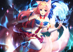  ahri alternate_costume alternate_hair_color breasts cleavage female fox_ears fox_tail league_of_legends long_hair magical_girl nail_polish peach_hair purple_eyes saphirya skirt star_guardian_ahri thigh_boots thighhighs tiara 