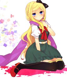  bad_id bad_pixiv_id black_thighhighs blonde_hair blue_eyes blush bow braid danganronpa_(series) danganronpa_2:_goodbye_despair dress female hairbow high_heels kawahara_chisato long_hair ponytail scarf sitting smile solo sonia_nevermind thighhighs wariza 