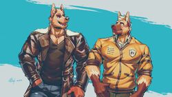  16:9 2018 anthro big_muscles black_nose canid canine canis canyne_khai canyne_khai_(character) clothed clothing digital_media_(artwork) domestic_dog duo fur german_shepherd herding_dog hi_res kawe male mammal muscular pastoral_dog widescreen wolf 