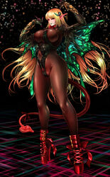  arms_up ballet_boots blonde_hair bodystocking breasts chains commentary_request covered_navel covered_nipples cuffs demon_girl demon_horns demon_tail demon_wings earrings female fingernails gold_chain high_heels highres horns huge_breasts impossible_clothes jewelry leotard long_hair naglfar original pointy_ears red_eyes ribbon sharp_fingernails smile tail tail_ornament tail_ribbon wings 