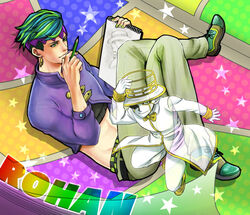  1boy commentary_request crop_top crossed_legs earrings green_eyes green_hair headband heaven&#039;s_door jewelry jojo_no_kimyou_na_bouken kishibe_rohan male_focus midriff multicolored_background pencil polka_dot polka_dot_background sketchbook stand_(jojo) star_(symbol) starry_background transparent yuuri_(yuri83) 