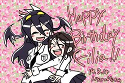  2girls artist_name black_hair blush brown_hair carol_(skullgirls) closed_eyes commentary dated english_text filia_(skullgirls) happy_birthday long_hair multiple_girls necktie nyoro_mutou open_mouth painwheel_(skullgirls) samson_(skullgirls) scar school_uniform skullgirls smile tongue tongue_out yellow_eyes 