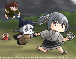  4girls abyssal_ship brown_eyes chinese_clothes colored_skin commentary_request dated destroyer_princess dudou fleeing gloves grey_hair hachimaki hair_between_eyes hamu_koutarou hat headband inugami-ke_no_ichizoku_pose kagerou_(kancolle) kantai_collection kasumi_(kancolle) kitakami_(kancolle) long_hair multiple_girls ooi_(kancolle) open_mouth photo_(object) pleated_skirt side_ponytail skirt sweat turtle_shell white_hair white_skin 