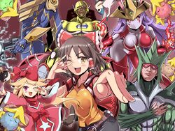  2boys 3girls amelia_colet animal_ears blonde_hair bow breasts brown_hair card_ejector character_request collarbone commentary_request cookie_(touhou) cosplay duel_academy_uniform_(yu-gi-oh!_gx) elemental_hero_avian elemental_hero_burstinatrix elemental_hero_electrum elemental_hero_sparkman enperuto_(yarumi) hair_tubes hairbow hakurei_reimu hisui_(cookie) large_breasts long_hair looking_at_viewer md5_mismatch multiple_boys multiple_girls neo-spacian_aqua_dolphin one_eye_closed pink_eyes purple_hair rabbit_ears rabbit_girl red_bow red_eyes reisen_udongein_inaba sananana_(cookie) saotome_rei saotome_rei_(cosplay) scapegoat short_hair spark_blaster touhou v yellow_eyes yu-gi-oh! yu-gi-oh!_gx 