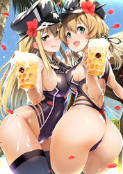  2girls :q alcohol anchor anchor_hair_ornament ass asymmetrical_docking beach beer beer_mug bismarck_(kancolle) blonde_hair blush breast_press breasts collar cross cup day detexted flower green_eyes hair_between_eyes hair_flower hair_ornament hat highleg highleg_swimsuit highres holding holding_cup iron_cross kantai_collection large_breasts long_hair looking_at_viewer medium_breasts mug multiple_girls nylon_(nylon_100) one-piece_swimsuit one-piece_thong open_mouth outdoors palm_tree peaked_cap petals photoshop_(medium) prinz_eugen_(kancolle) purple_one-piece_swimsuit sideboob straight_hair swimsuit thighhighs third-party_edit tongue tongue_out tree twintails wet 