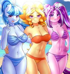  2017 absurd_res adagio_dazzle_(eg) anthro aria_blaze_(eg) beach bikini blue_hair clothing digital_media_(artwork) equestria_girls equid equine female gesture group hair hand_gesture hasbro hi_res horse long_hair looking_at_viewer mammal multicolored_hair my_little_pony navel open_mouth outside pony seaside sonata_dusk_(eg) swimwear twistedscarlett60 two_tone_hair v_sign 