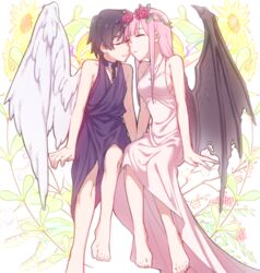  1boy angel_and_devil angel_wings barefoot black_collar black_hair black_wings blue_horns breasts chain_necklace chains cleavage closed_eyes collar collarbone commentary_request couple darling_in_the_franxx demon_wings dress feathered_wings female flower forehead-to-forehead hair_flower hair_ornament heads_together highres hiro_(darling_in_the_franxx) horns jewelry leje39 long_hair medium_breasts necklace oni_horns pink_dress pink_hair protected_link red_horns single_wing sitting sleeveless sleeveless_dress straight wings zero_two_(darling_in_the_franxx) 