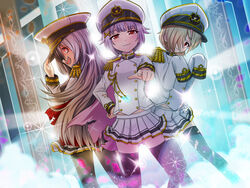  3girls black_pantyhose black_thighhighs blonde_hair blush brown_eyes buttons cape commentary_request ear_piercing earrings epaulettes grey_hair hair_ornament hair_over_one_eye hairclip hand_on_headwear hat hoshi_syoko idolmaster idolmaster_cinderella_girls jewelry kawaii_boku_to_142&#039;s_(idolmaster) koshimizu_sachiko light_purple_hair long_hair long_sleeves looking_at_viewer looking_back military military_hat military_uniform momoda_yasuhito multiple_boys multiple_girls naval_uniform open_mouth pantyhose peaked_cap petals piercing pink_cape pleated_skirt pointing pointing_at_viewer red_cape red_eyes seizon_honnou_valkyria_(idolmaster) sharp_teeth shirasaka_koume short_hair skirt sleeves_past_wrists sparkle teeth thighhighs uniform very_long_hair x_hair_ornament zettai_ryouiki 