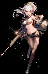  belt bikini bikini_top_only black_background commentary_request female full_body girls&#039;_frontline grey_eyes gun h&amp;k_psg1 highres jacket kyjsogom long_hair looking_at_viewer midriff miniskirt navel open_mouth pantyhose ponytail psg-1_(girls&#039;_frontline) rifle shoes skirt sniper_rifle solo standing standing_on_one_leg swimsuit torn_clothes torn_pantyhose weapon white_hair 