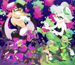  3boys 3d_rod! 6+girls artist_name battle callie_(splatoon) commentary_request dark-skinned_male dark_skin detached_collar gas_mask green_hair gun headphones ink ink_tank_(splatoon) inkling inkling_boy inkling_girl inkling_player_character marie_(splatoon) mask mole mole_under_eye monster_boy monster_girl multiple_boys multiple_girls object_on_head paint_roller paint_splatter pantyhose purple_hair short_eyebrows smirk splatoon_(series) splatoon_1 splattershot_(splatoon) squid tan tentacle_hair weapon 