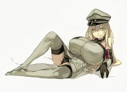  bismarck_(kancolle) black_panties blonde_hair breasts commentary_request female gloves green_eyes grey_thighhighs hat huge_breasts kantai_collection long_hair lying muneneko on_side panties smile solo thighhighs thighs underwear 