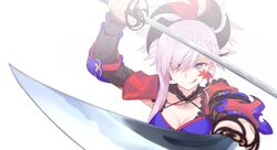  bad_id bad_twitter_id blue_eyes breasts cleavage dual_wielding fate/grand_order fate_(series) female hair_between_eyes highres holding holding_sword holding_weapon kurogiri miyamoto_musashi_(fate) miyamoto_musashi_(second_ascension)_(fate) ponytail sword tongue tongue_out weapon white_background 