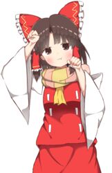  :3 akabeco benikurage_(cookie) blush bow brown_eyes brown_hair closed_mouth commentary_request cookie_(touhou) detached_sleeves fang_out female hair_tubes hairbow hakurei_reimu highres looking_at_viewer oerba_yun_fang paw_pose red_bow short_hair smile solo touhou upper_body wide_sleeves 