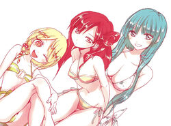  3girls artist_request bikini blonde_hair blue_eyes blue_hair hair_bun magi_the_labyrinth_of_magic morgiana multiple_girls one_eye_closed orange_eyes photoshop_(medium) pisti red_eyes red_hair single_hair_bun source_request swimsuit yamuraiha 