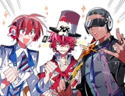  3boys \m/ arsloid bandaid bandaid_on_cheek bandaid_on_face black_jacket clenched_hands colored_sclera cyber_songman dark-skinned_male dark_skin fukase hat head_flag headphones jacket lowres male_focus multiple_boys neon_trim no_pupils protected_link red_eyes red_hair red_sclera scar shaved_head smile sunglasses sword top_hat uoshi_(uoshi777) vocaloid vy2 vy2_(vocaloid3) weapon wet 