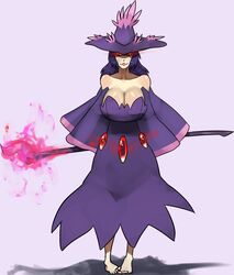  bad_id bad_tumblr_id bare_shoulders barefoot black_hair breasts cleavage detached_sleeves dress female glowing glowing_eyes hat huge_breasts long_hair mismagius personification pigeon-toed pokemon red_eyes scathegrapes solo staff wide_sleeves witch_hat 