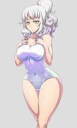  absurdres blush breasts carmilla_(fate) commentary_request covered_navel curly_hair fate/grand_order fate_(series) female gensui_(auoua) hands_on_own_chest highres hip_focus long_hair medium_breasts one-piece_swimsuit ponytail solo swimsuit white_hair white_one-piece_swimsuit yellow_eyes 